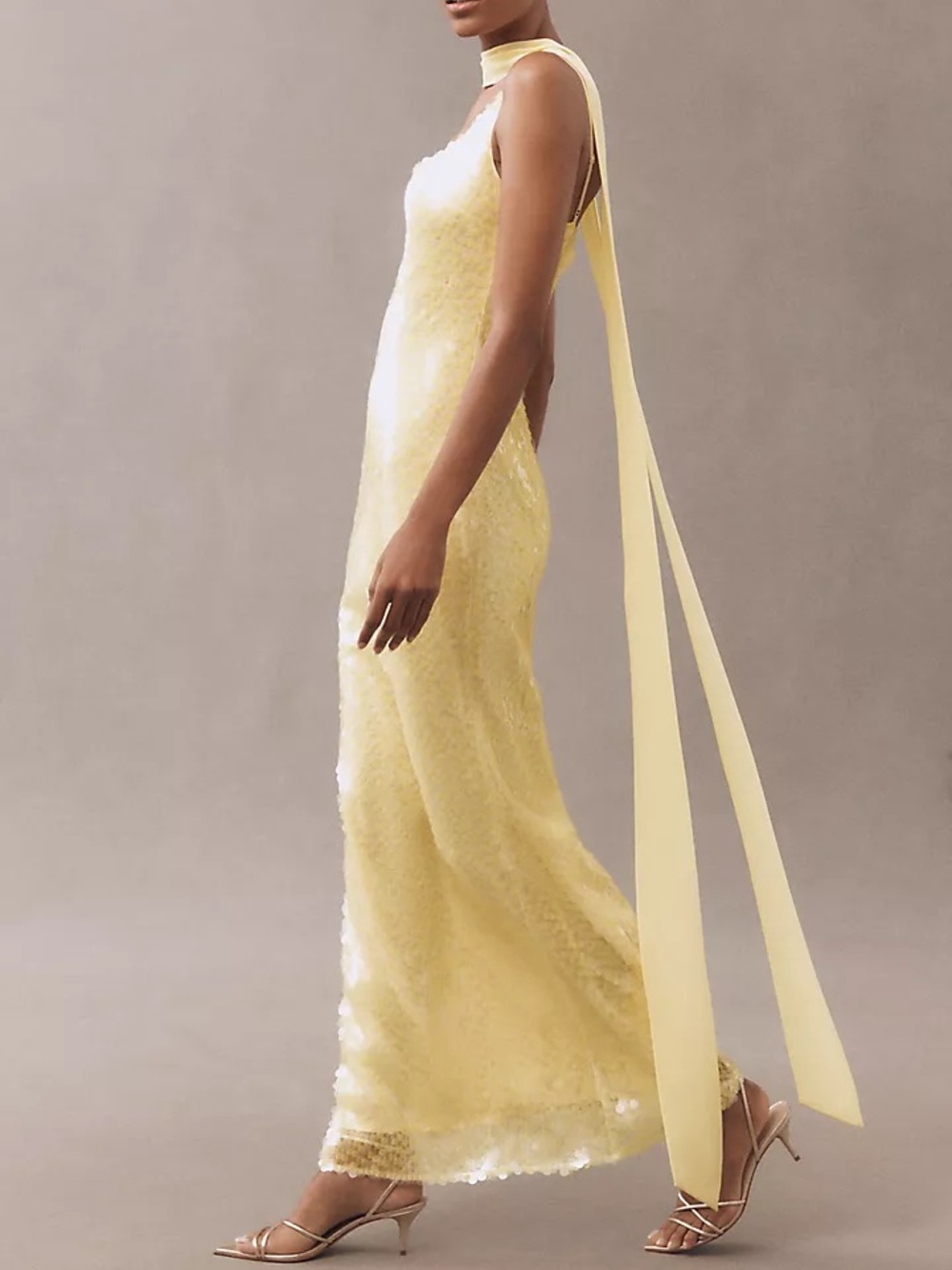 Anthropologie Pale Yellow Sequin Maxi Dress with Neck Sash